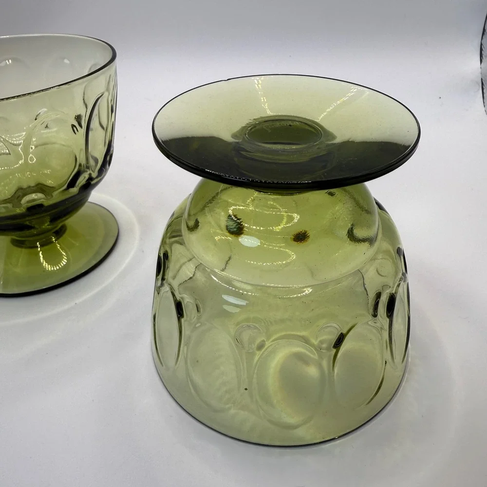 Fostoria Coin Glass Olive Green Footed Dessert Bowls Set of 2 Vintage MCM